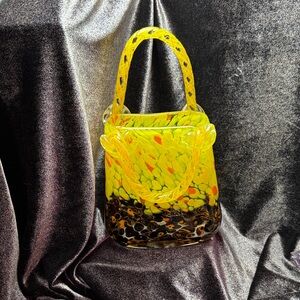 Murano Style Handcrafted Yellow and Black Glass Bag Vase